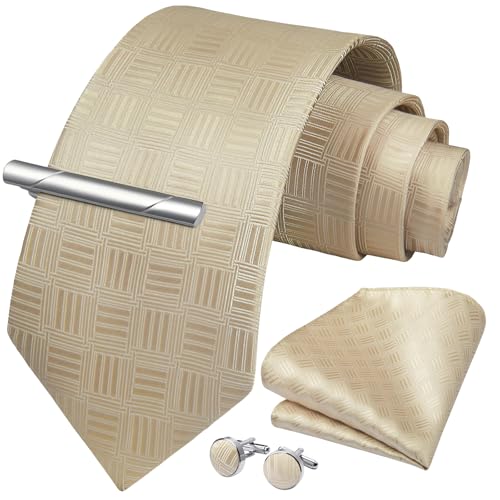 Image of HISDERN Plaid Ties for Men Classic Checkered Tie and Pocket Square Cufflinks Tie Clip Set Woven Men's Necktie Business
