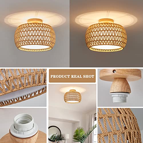 Buxvrcs Rattan Ceiling Light Fixtures, Hand-Woven Boho Flush Mount Ceiling Light, Handmade Rattan Light Fixtures Ceiling Mount With Fabric Shade, Farmhouse Light Fixture For Bedroom Hallway Entryway #TOP4