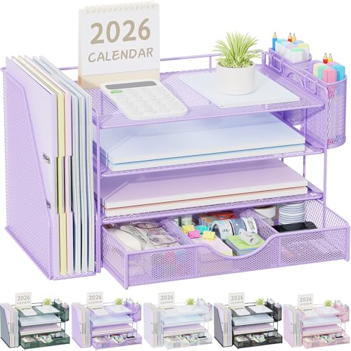 Image of gianotter Desk Organizers and Accessories with File Holder, 4-Tier Desk Accessories & Workspace Organizers with Drawer and 2 Pen Holder, Paper Organizer for Office Supplies (Purple)
