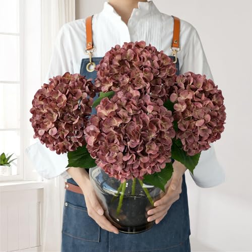 JINWOE Dark Coffee Silk Hydrangea Artificial Flowers 4Pcs 22Inch Full Fake Artificial Hydrangeas with Stems for Bouquet Table Centerpieces Home Decoration Porch Outdoor