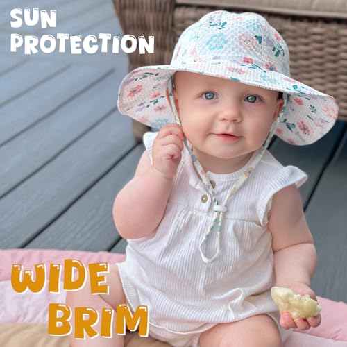 Image of HONGTEYA Baby Sun Hat Toddler Girl Beach Hat Sun Protection Adjustable Outdoor Summer Wide Brim Bucket Hat for Infant Kids