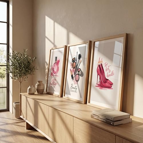 Image of NoWorries inchPink Fashion Wall Art Framed Painting Set of 3 | Perfume Bottle, Makeup Essentials & High Heel Illustration Posters with Frame | Glam Beauty Decor Frames for Bedroom, Vanity, Salon, Girls Room | Modern Chic Framed Wall Art (Art-17, 10x13inch, Wooden)