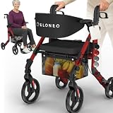 ELONEO 2 w 1 Wózek inwalidzki i balkonik rehabilitacyjny składany i lekki z siedziskiem, terenowy rollator wózek inwalidzki składany lekki na każdy teren, wózek transportowy, czerwony