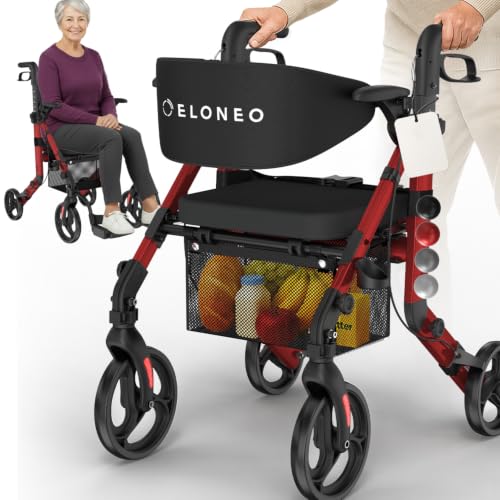 ELONEO 2 w 1 Wózek inwalidzki i balkonik rehabilitacyjny składany i lekki z siedziskiem, terenowy rollator wózek inwalidzki składany lekki na każdy teren, wózek transportowy, czerwony