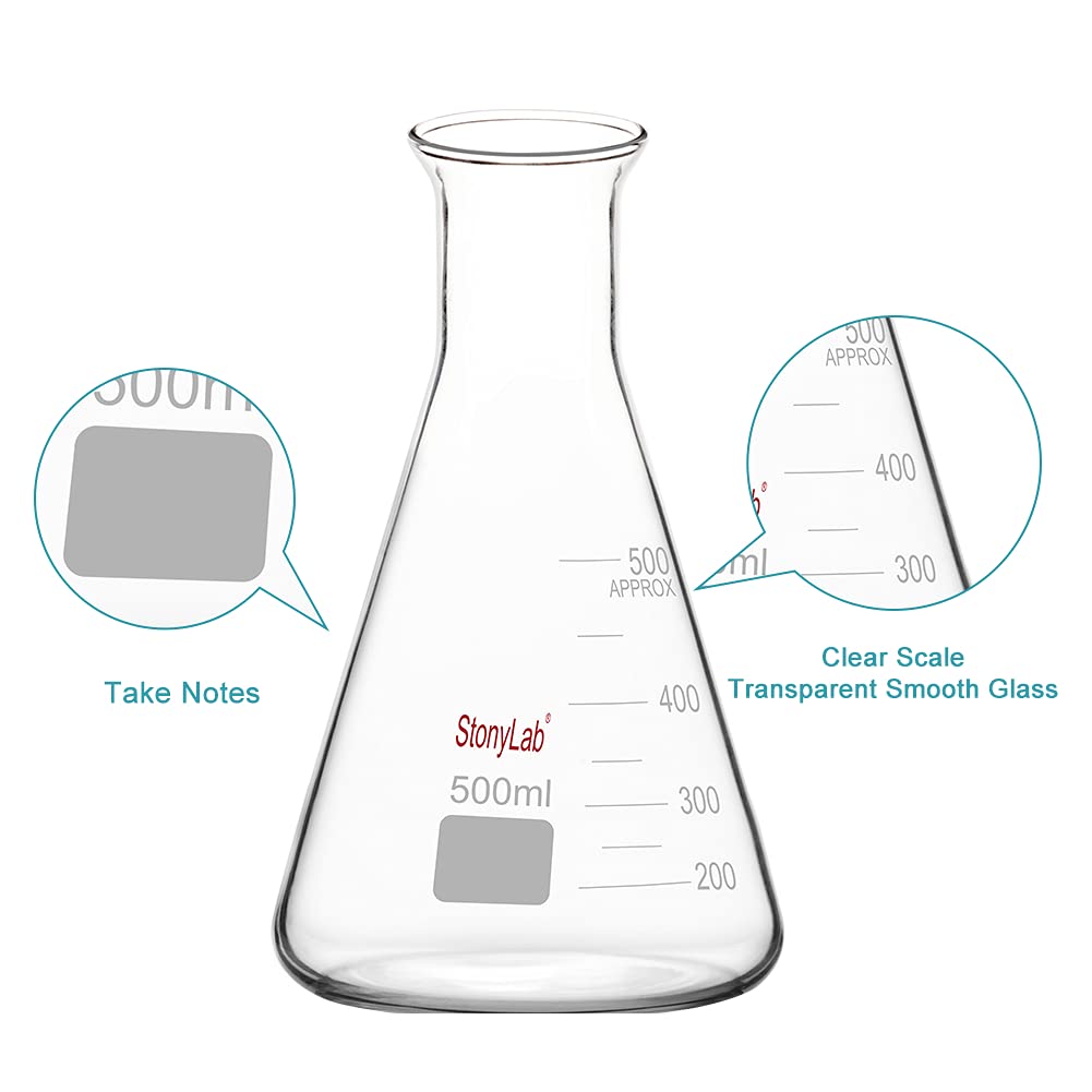 stonylab 1 Paquet Flacon Erlenmeyer à Large Ouverture en Verre, 500 ml Erlenmeyer Bouteille en Verre Borosilicate Erlenmeyer Flask avec Jante Robuste