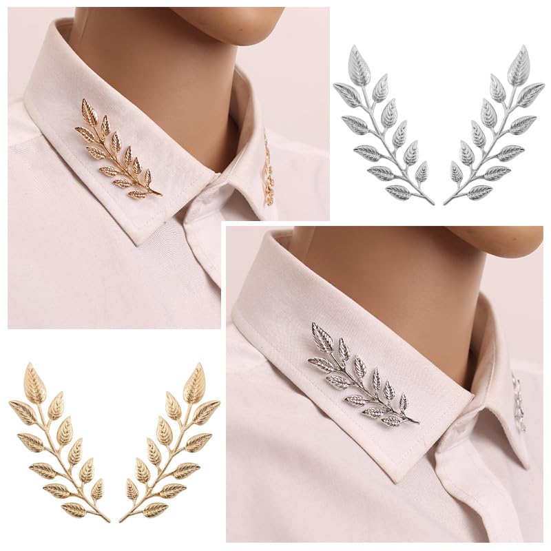 Image of coadipress Gentlemen Gold Silver Leaf Brooches Simple Elegant Retro Double Leaf Collar Pin Brooch Gold Silver Plant Leaves Brooches