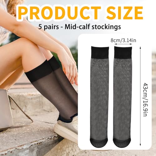 Image of Xthrotsenk 5 Pairs Black Knee High Stockings for Women Nylons for Women 20D Elastic Sheer Nylon Stockings with Reinforced Toe