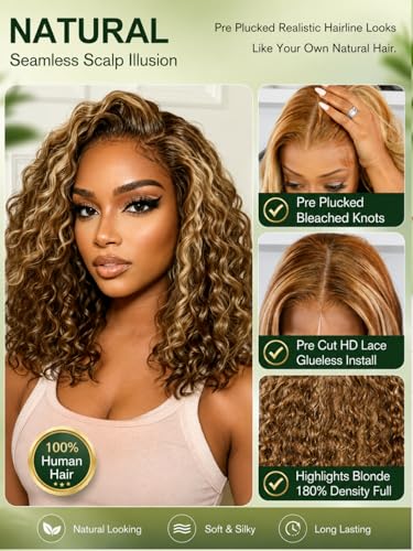 Image of KLAIYI Bye Bye Slip Ombre Highlights Blonde Bob Water Wave Curly Precut 7x5 Lace Front Wigs Human Hair Side Part Drawstring 180% Density Pre Plucked Bleached Knots 30S Ready to Wear and Go Wig 10Inch