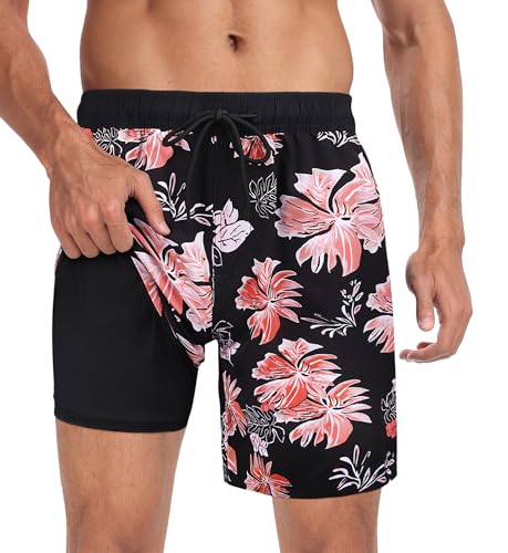 Image of Mens Swim Trunks with Compression Liner 2 in 1 Quick Dry Swimming Shorts Swimwear Bathing Suits with Pockets