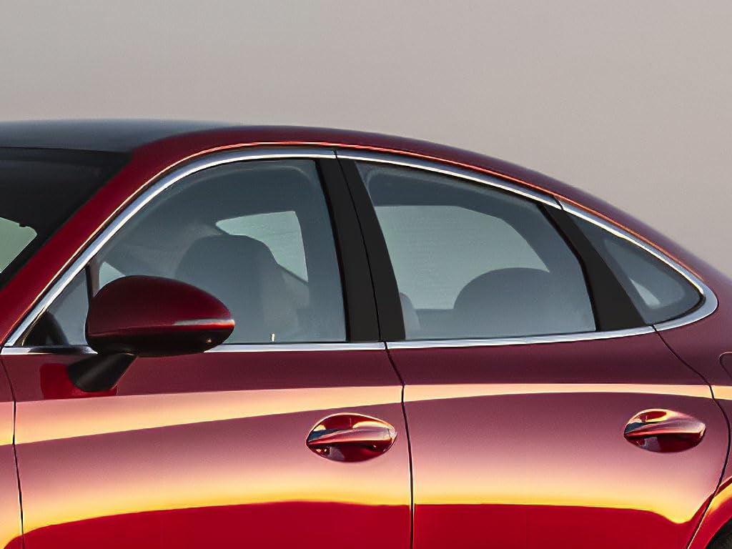 Rvinyl Pillar Post Pre Cut Window Trim Kits in Gloss Black Compatible with Hyundai Sonata 2020-2024 - Adhesive Backs