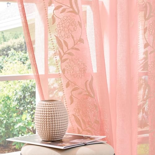 Image of jinchan Winslow Sheer Curtains 96 Inch for Bedroom Living Room Embroidered Bordered Floral Nursery Curtains for Girls Room Light Filtering Window Treatments, Beige on Pink, 2 Panels, 50 inch x 96 inch