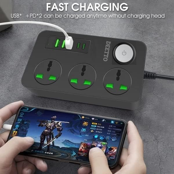 Image of Extension Board, Power Strip with 20W Fast PD /Type C, 2500W 10A Extension Cord with 3 Universal Socket, 38W USB Fast Charging Ports (2 * 20W PD+3*QC 3.0) for Home Office