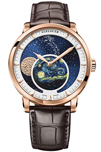 Agelocer Moon Phase Watch Automatic Mechanical Waterproof Stainless Steel Business Leather Watches for Men Blue