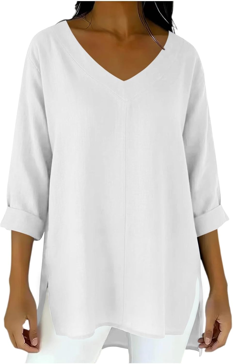 Women's 3/4 Roll Sleeve Tunic Blouse V Neck Loose Fit Side Split Long Shirts High-Low Comfy Casual Lounge Tops