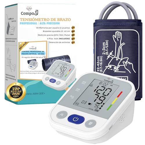 COMPASJ - Tensiómetro de brazo Monitor de Presión Arterial Digital Detección de Arritmia, Medición Precisa, Memoria hasta 99 lecturas, Brazalete Ajustable 22-42cm, para Mayores Familias. Incluye Pilas