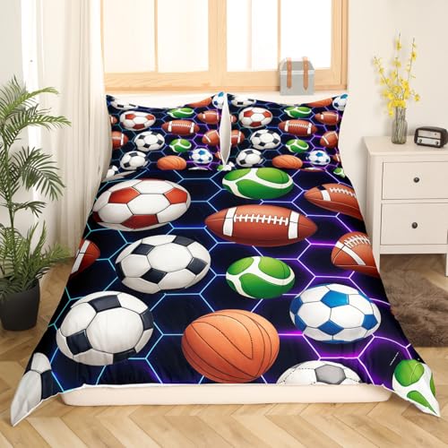 Homemissing Juego de funda de edredón para niños y niñas, tamaño King, juego de ropa de cama con 2 fundas de almohada, juego de ropa de cama con diseño de baloncesto y juegos de pelota, decoración de