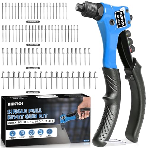 AKKTOL Pince a Rivet, Riveteuse Professionnelle, Pince a Rivet Pop avec 200 Rivets pour 4 Types 4,8mm 4,0mm 3,2mm 2,4mm, Pince à riveter Manuelle pour Automobile, Chemin de Fer, Meubles, Jardinage etc