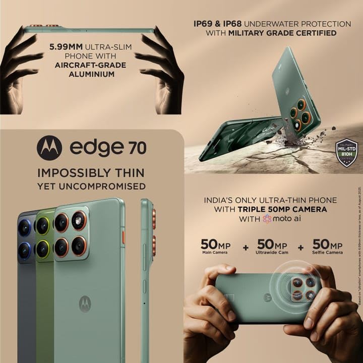Image of Motorola Edge 70 5G (Bronze Green, 8GB RAM, 256GB Storage) | Snapdragon 7 Gen 4 | 6.7 inch P-OLED 120Hz Display | 50MP Dual Rear Camera | 50MP Front Camera | 5000mAh Battery | 68W Charging