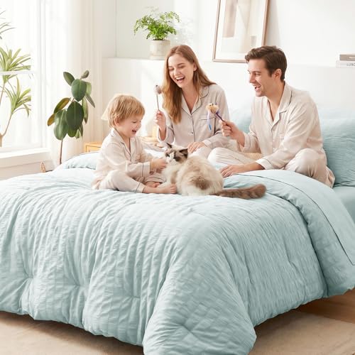 Image of CozyLux Queen Comforter Set Ice Blue, 7 Pieces Seersucker Textured Luxury Bed in a Bag Queen, All-Season Soft Bedding Sets with Down Alternative Comforter, Sheets, Pillowcases & Shams, Bedroom Bed Set