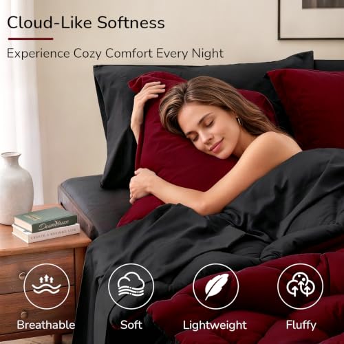 Image of downluxe 7 Pieces Queen Comforter Set with Sheets, Reversible Bed in a Bag for All Seasons with Comforter, Flat Sheet, Fitted Sheet, 2 Pillowcases and 2 Pillow Shams, Black /Red