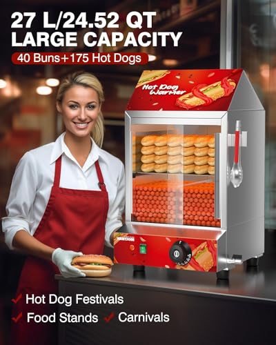 WantJoin Commercial Hot Dog Steamer, 2 Tiers Electric Hot Dog Steamer with Bun Warmer 27 L/24.52 QT, with Visuable Glass Slide Doors and Clip, suit for 175 Hot Dogs and 40 Buns, 1200W