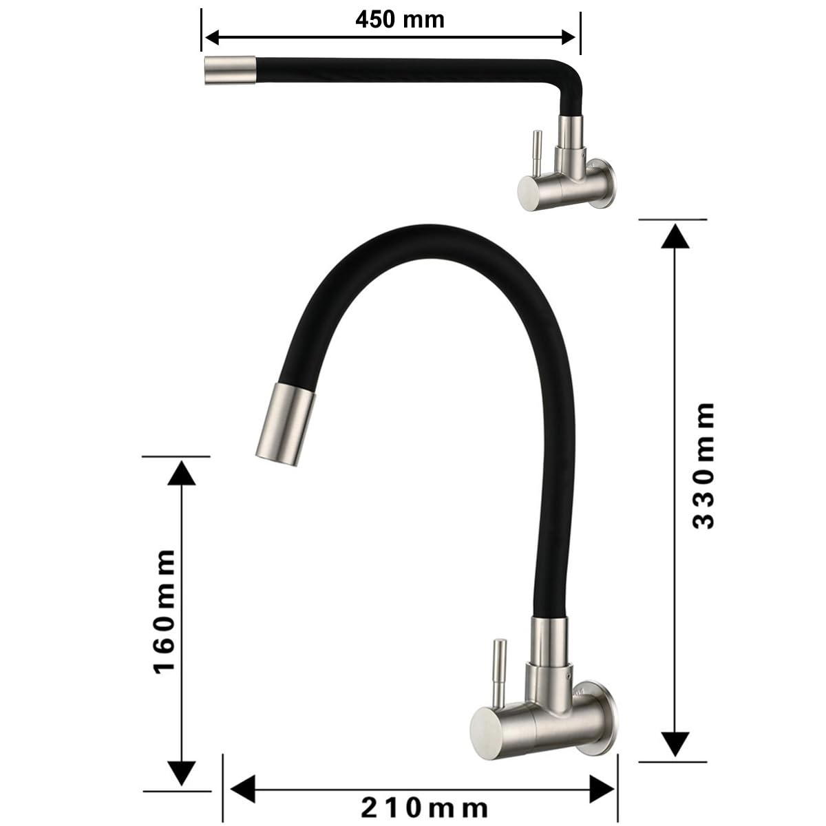 HomeLava Grifo de Cocina de Pared Grifo de Montaje en Pared Tubo de Silicona Flexible Giratorio a 360 ​​° Agua Fría