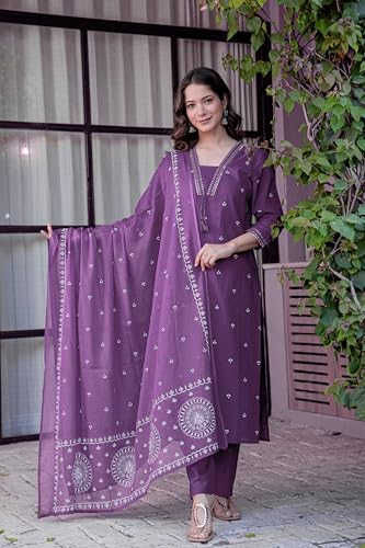 Image of PARTHVI Women's Pure Cotton Printed Straight Kurta Set with Palazzo Pants & Dupatta- Ethnic Wear, Red