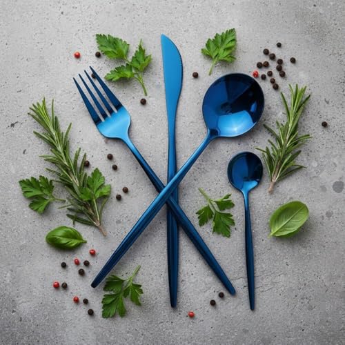 Image of 24 Pcs Blue Slim Handle Stainless Steel Cutlery Set for Dining Table with Spoons and Forks Set + Butterknives - The Perfect Tableware /Flatware