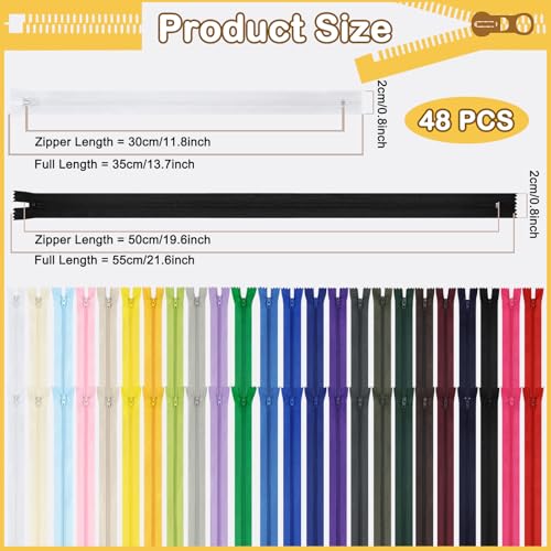 Image of Zippers for Sewing, DOITEM Nylon Coil Zippers, 48 pcs 30 cm /12 Inch and 50 cm /20 Inch Multicolor Nylon Coil Zips for Sewing and Crafts 24 Colors