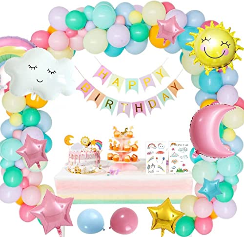 Yamibobo Pastel Balloons Party Decorations for Girl, Garland Arch Kit for Birthday Party with Sun Rainbow Moon Cloud Foil Balloon, Macaron Themed Party Supply Baby Shower Gender Reveal
