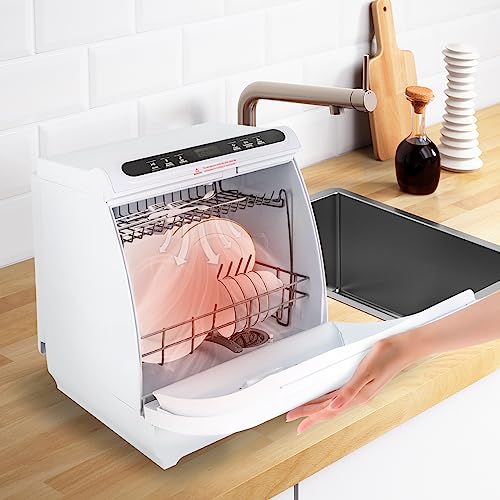 Countertop Dishwasher with 7L Built-in Water Tank Portable Dishwasher 5 Washing Programs 360° Dual Spray Mini Dishwasher for Apartments& RVs, 900W 110V