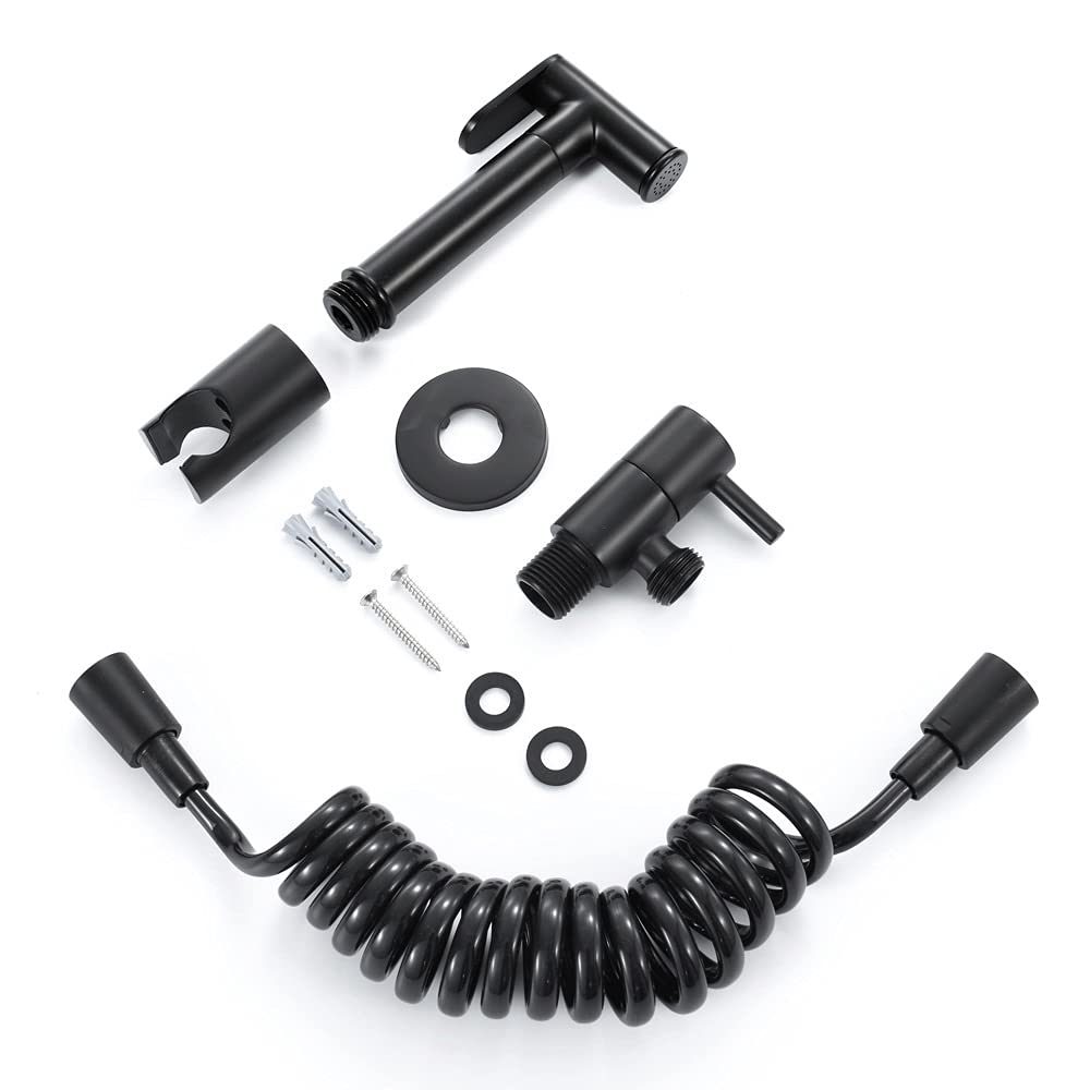 Kit de pulverizador de bidé de mano, soporte de mano de latón para inodoros con manguera extendida de 1.5 m, adaptador de válvulas y soporte de pared conjuntos de gancho de soporte de pared, negro sin