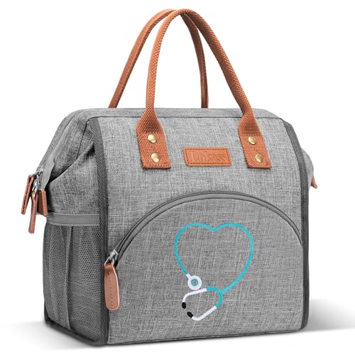 Srotek Nurse Gifts for Women - Embroidered Nurse Lunch Bag for Work, Large Capacity Wide-Open Lunch Box Insulated Reusable Lunch Tote Cooler Bag, Practical Nurse Accessories for Daily Use, Grey