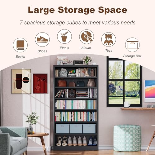 Image of Metal DVD Storage Cabinet, 7 Tier Tall Media Storage Shelf with Adjustable Shelves, Freestanding CD & DVD Rack Tower Bookshelf for Living Room, Home Entertainment,Black