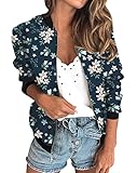 manteau fleuri Seasons: Printemps-été Minetom Veste Femme Motard Blouson Printemps Été Léger Bomber Blouson Outwear Zippé Imprimé Floral Court Jacket C Marine M