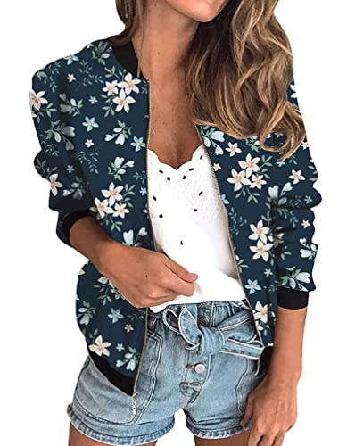 Minetom Veste Femme Motard Blouson Printemps Été Léger Bomber Blouson Outwear Zippé Imprimé Floral Court Jacket C Marine M