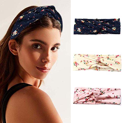 Vinzar Boho Criss Cross Headbands Stretch Yoga Hair Bands Flower Fabric Head Warps Accessories for Women and Girls (flower-3 pack)