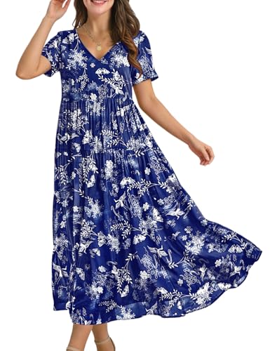 Image of YESNO Women's Summer Maxi Dresses Casual Floral Short Sleeve V Neck Boho Beach Vacation Swing Dress with Pockets EVF