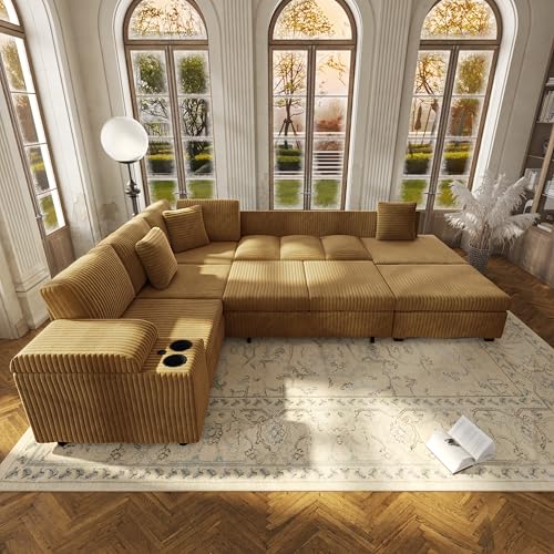 Image of KEIKI 110 inch L-Shaped Oversized Plush Corduroy Modular Sectional Sofa with Pull-Out Bed, Convertible 6-Seater Sleeper Couch Bed with 1 Ottomans & USB & Cup Holders, Easy Assembly, for Living Room, Camel