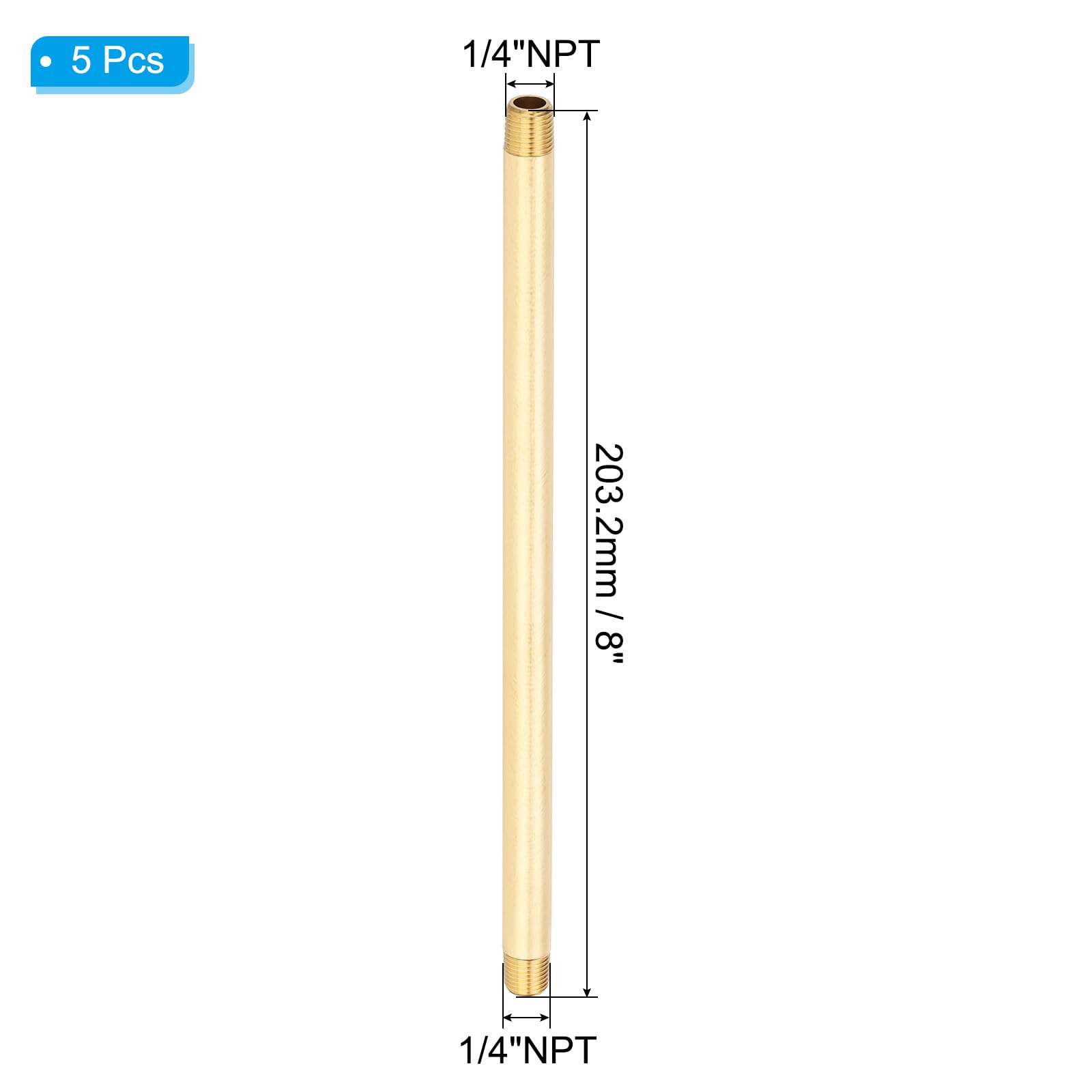 PATIKIL Raccordo Maschio In Ottone 1/4" x 1/4" NPT Con NipTerminale Lungo, 5Pezzi Raccordo Tubo Dritto 10" Per Collegamento Carburante, Aria, Acqua, Olio, Gas, 1200PSI