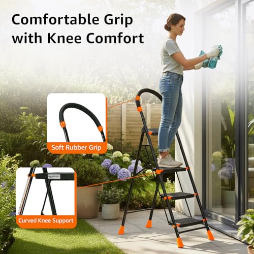 Image of Amazon Basics Curvo-Foldable Step Ladder, Ribbed Steps, Knee Guard, Non-Marring PVC Shoes, 4 Steps (Black & Orange)