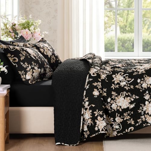 Image of Andency Quilt Queen Size, Black Flower Bedspread Queen Size, 3 Pieces Soft Bedding Set, Lightweight Coverlet Set for All Season with 2 Pillowcases (96 inchx90 inch)