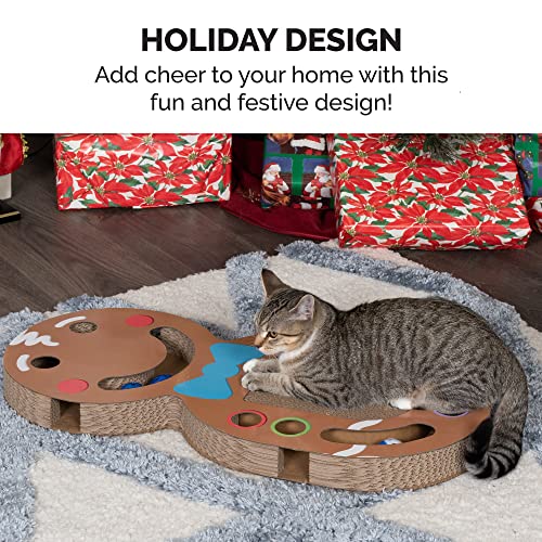Image of Furhaven Pet Toy for Cats and Kittens - Giant Gingerbread Man Holiday Cat Scratcher Interactive Busy Box Toy with Catnip, Gingerbread Man Print, One Size