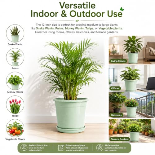 Image of 12 Inch Glossy Plastic Planter with Bottom Plate | Heavy Duty Flower Pot with Tray for Indoor Home Decor, Balcony, Living Room & Outdoor Garden (10 Pot, Mint Sparkle)