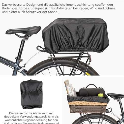 PINNAMAX Fahrradkorb Hinten groß,25L Weave fahrradkörbe mitTragkraft bis 20 kg, Sockel aus Metall Schultaschen Korb für Rennard,Wetterfest Rostet Nicht, E-Bike, Elektrofahrrad auf Gepäckträger inkl