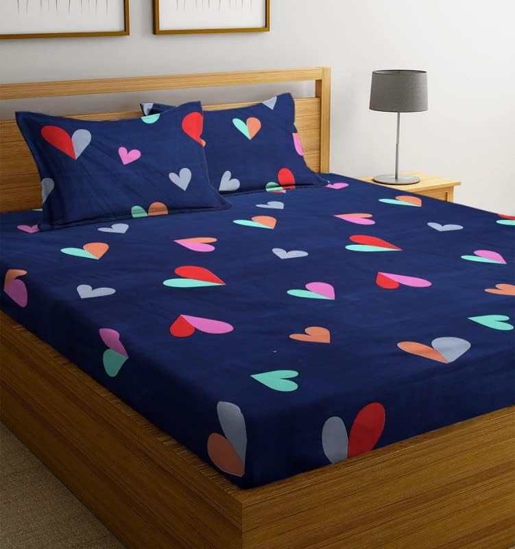 Image of NHD HOME Premium Cotton Feel Polycotton Elastic Fitted King Size Double Bedsheets with 2 Pillow Covers | All Around Elastic 210 TC Super Soft | Size - 72 King Size x 78+10 inches | Dark Blue