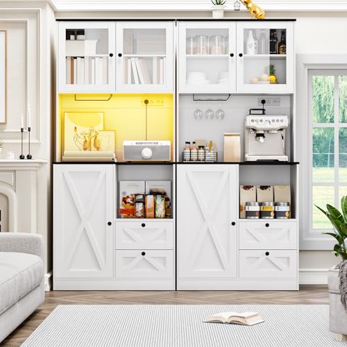 Image of 71''Kitchen Pantry Storage Cabinet with LED Lights and Power Outlet, Tall Farmhouse Kitchen Hutch with Microwave Stand,Globet Hooks and Adjustable Shelf for Dining Living Room,White