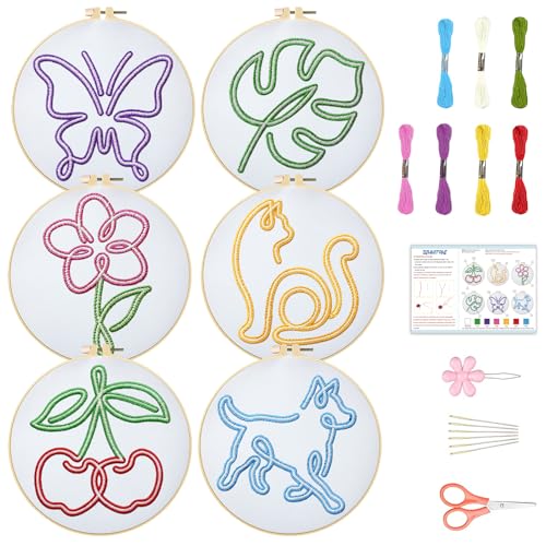 Image of BEUNITONE Abstract Animal Embroidery Kit, 6PC Modern Line Art Needlepoint Kits with Hoops, Instructions, Threads, DIY Craft for Adults Beginners, Home Decor, Hand Embroidery Patterns for Gifts