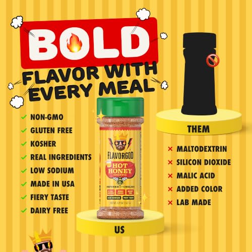 Image of Hot Honey Seasoning Mix, 2 Bottles by Flavor God - Sweet & Spicy All Natural Spice Infused Blend with Chilies for Pizza, Fried Chicken, Wings, Cocktails - Kosher, Gluten-Free & Dairy-Free, Non-GMO