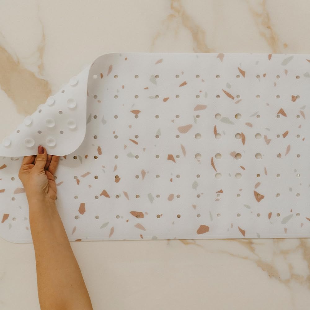 Tapis de Baignoire Bébé Antidérapant - Grande Taille 100cmx40 cm - Motif Terrazzo - sans BPA, Lavable en Machine, Anti-moisissure, avec Ventouses - Tapis Confort & Sécurité pour Baignoire